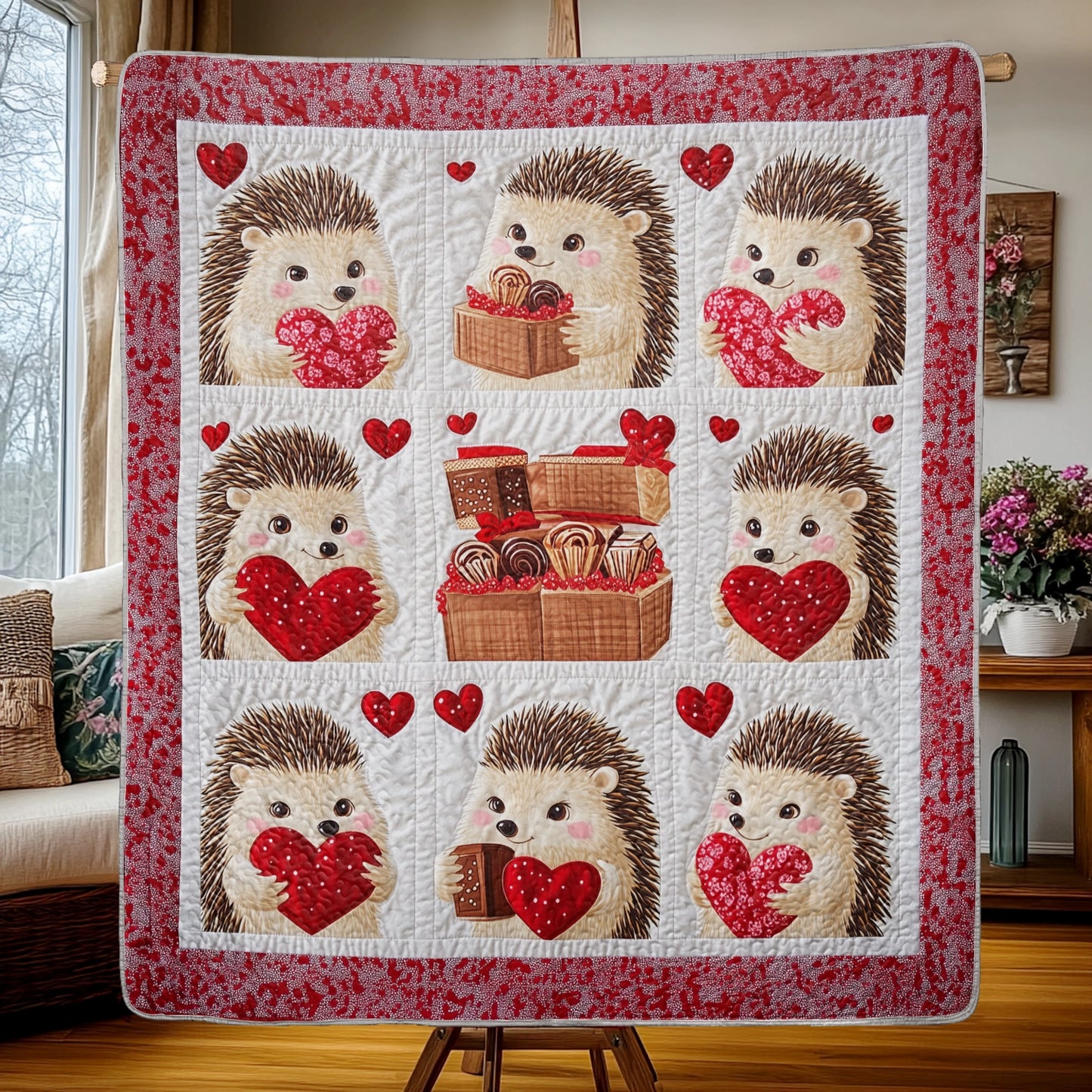 Shineful Flat Print Faux Quilt Blanket - Adorable Hedgehogs Sharing Valentine Sweets and Love