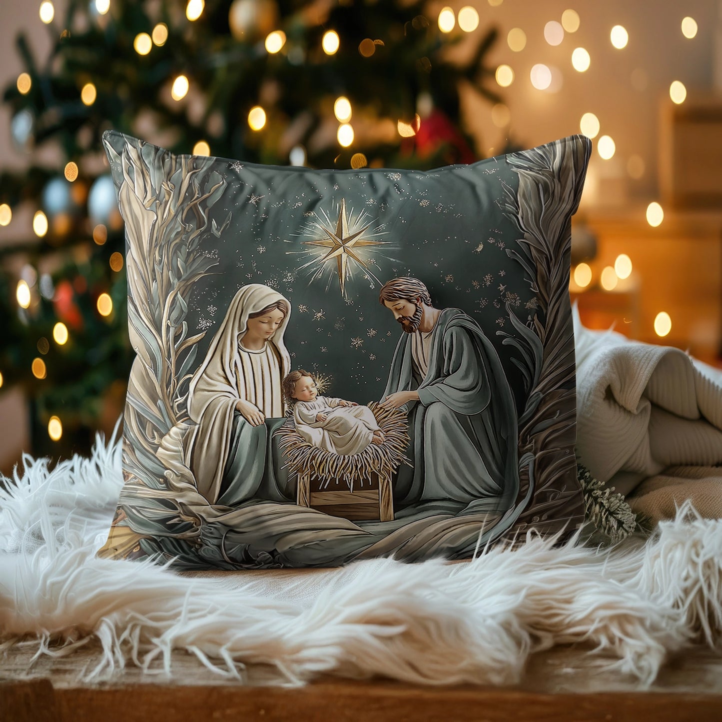 Shineful 2D Print Cushion Cover, Pillowcase, Pillows Covers - Divine Silent Night Nativity