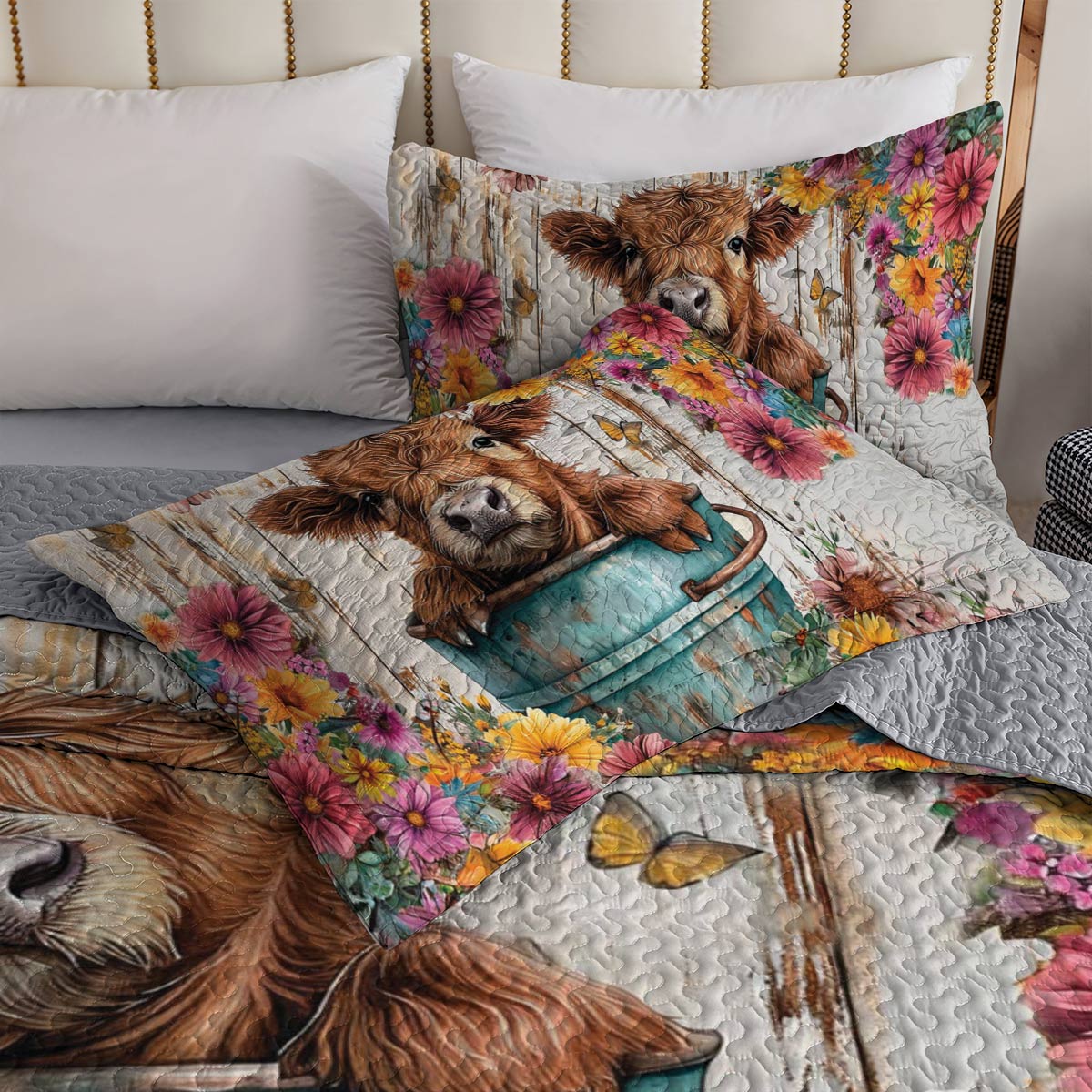 Shineful All Season Quilt 3-Piece Set Floral Cow