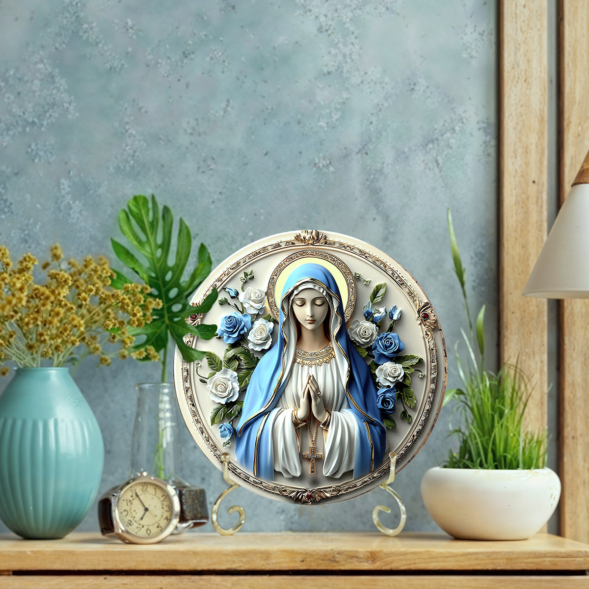 Shineful 2D Wooden Plaque, Hanging Decor, Door Sign - Peaceful Virgin Mary Roses