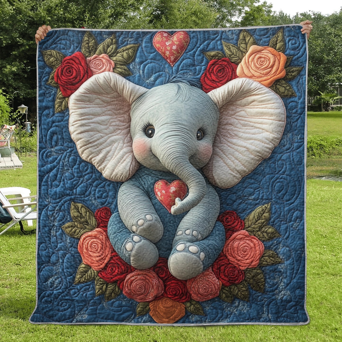 Shineful Flat Print Faux Quilt Blanket - Sweet Baby Elephant with Roses and Heart of Love