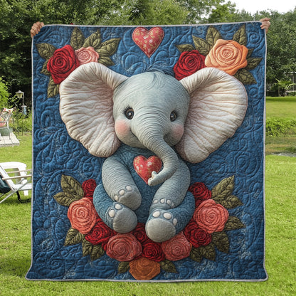 Shineful Flat Print Faux Quilt Blanket - Sweet Baby Elephant with Roses and Heart of Love