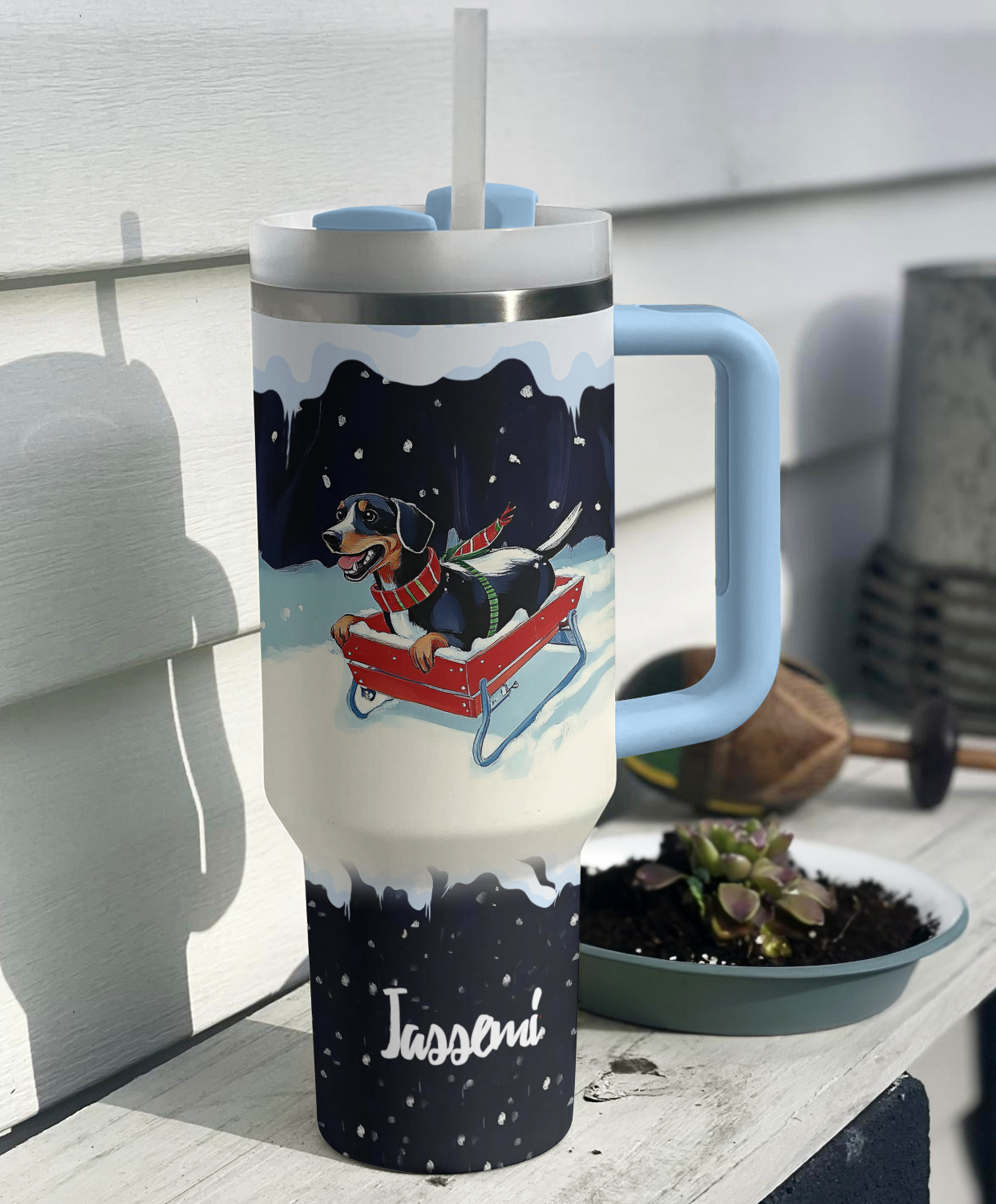 Shineful Tumbler Personalized Snowy Dachshund Ride