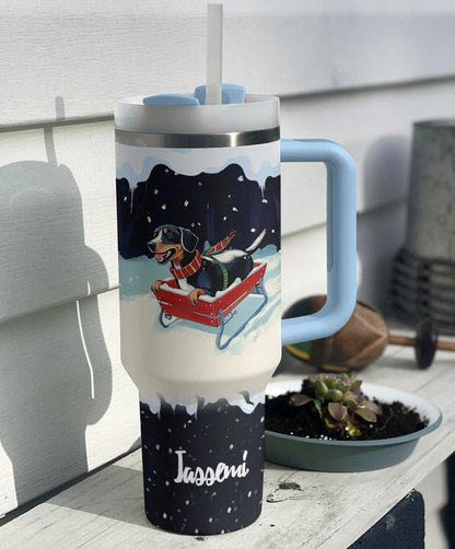Shineful Tumbler Personalized Snowy Dachshund Ride