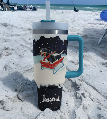 Shineful Tumbler Personalized Snowy Dachshund Ride