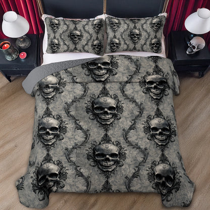 Shineful All Season Quilt 3-Piece Set - Dark Skull Damask