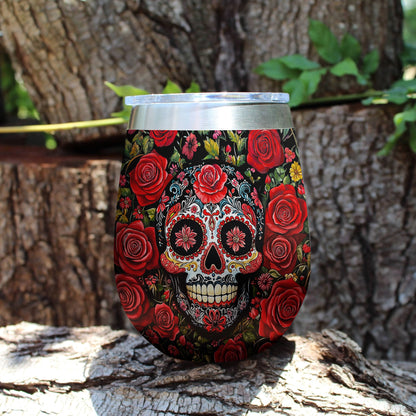 Shineful Wine Tumbler Roses & Sugar Skull Elegance