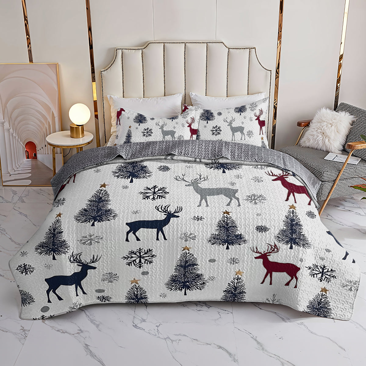 Shineful All Season Quilt 3-Piece Set Winter Wonderland Reindeer