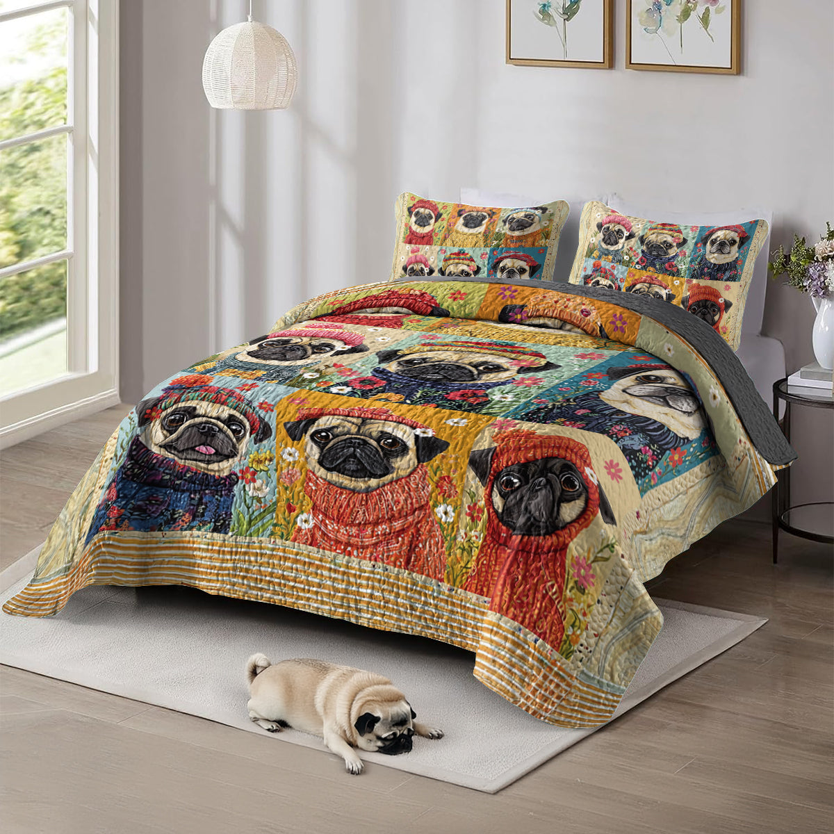 Shineful All Season Quilt 3-Piece Set Floral Pug Springtime