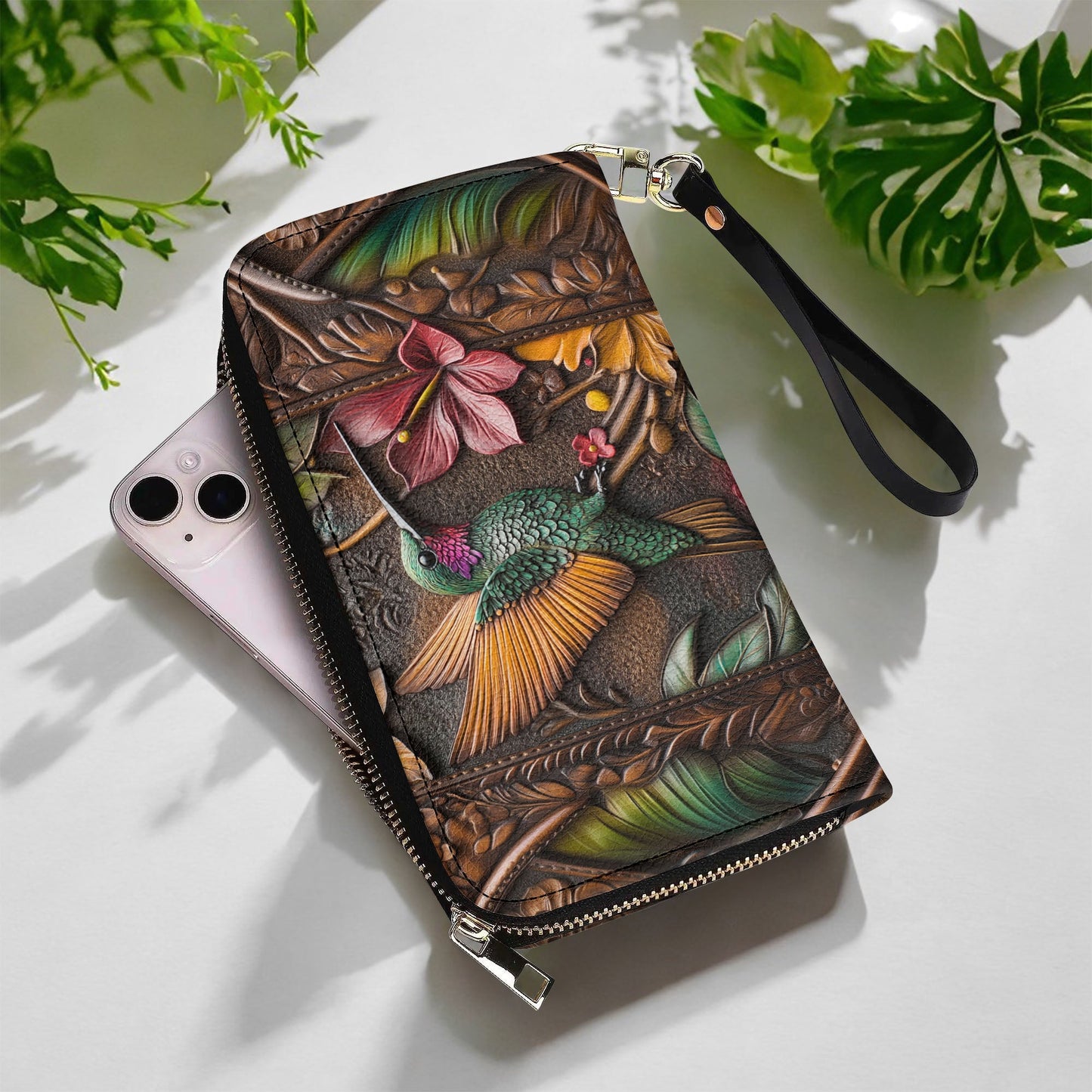 Shineful Leather Clutch Purse With Wristlet Strap Handle Embossed Hummingbird