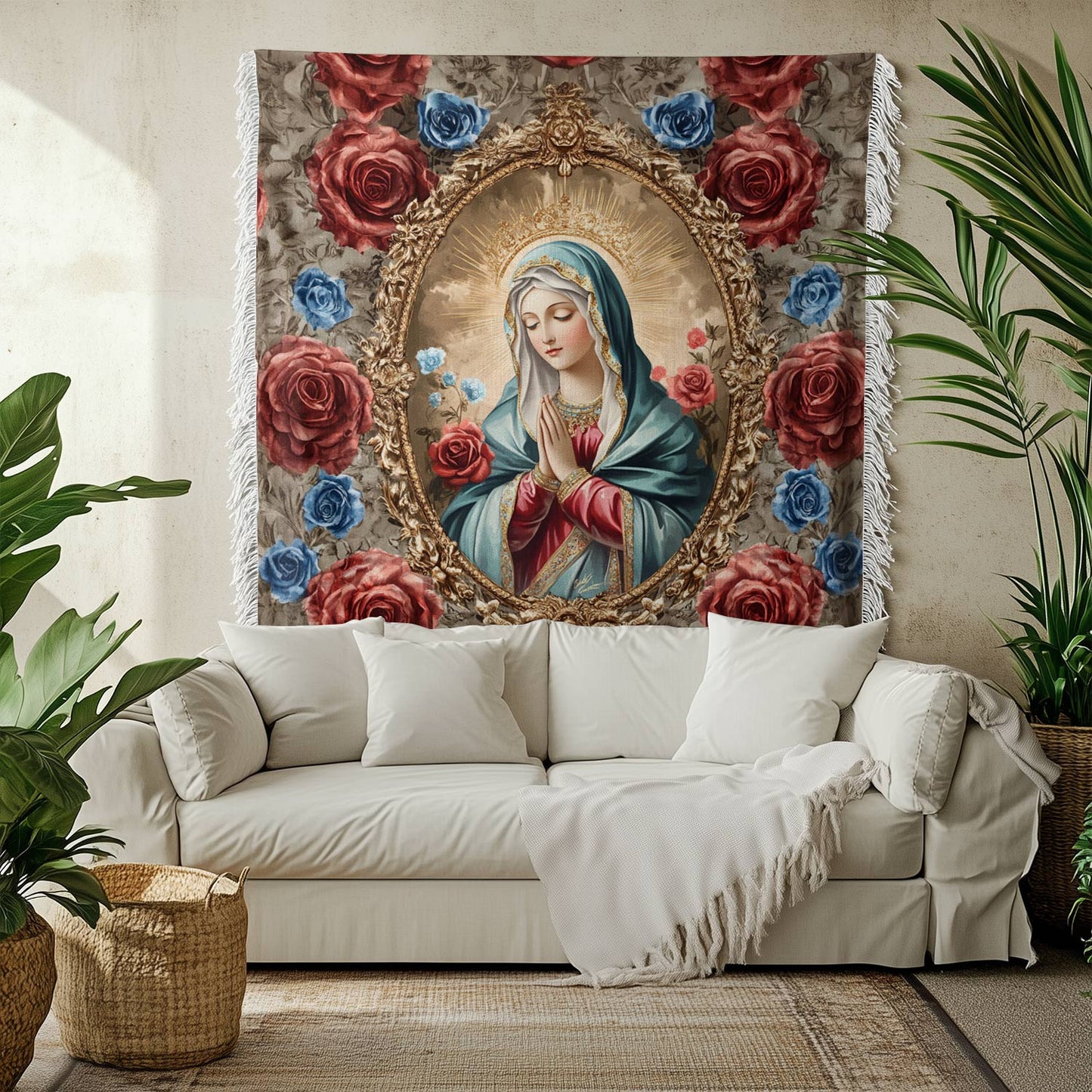 Shineful Woven Tapestry Throw Blanket Heavenly Rose and Mary