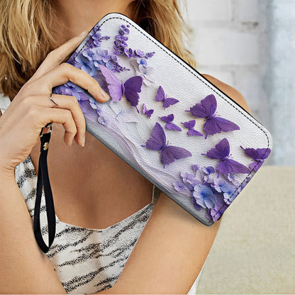 Shineful Leather Clutch Purse With Wristlet Strap Handle Purple Blossom Wings