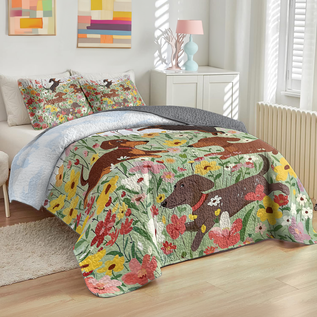 Shineful All Season Quilt 3-Piece Set Dachshund In Flower Garden