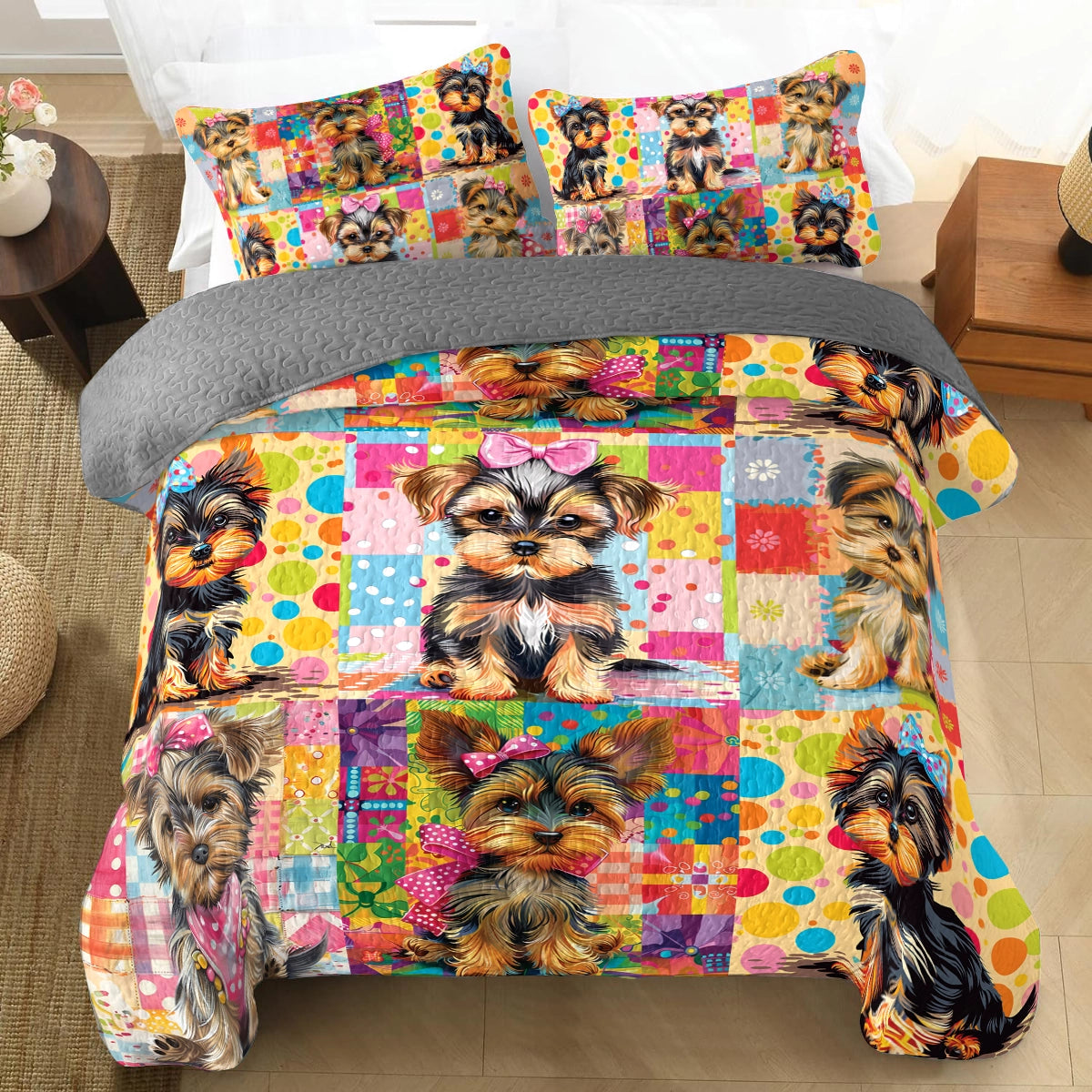 Shineful All Season Quilt 3-Piece Set Cute Yorkie Patchwork