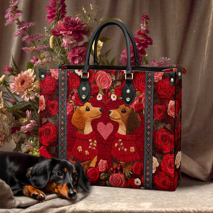 Shineful Leather Bag Heart Floral Dachshund Couple