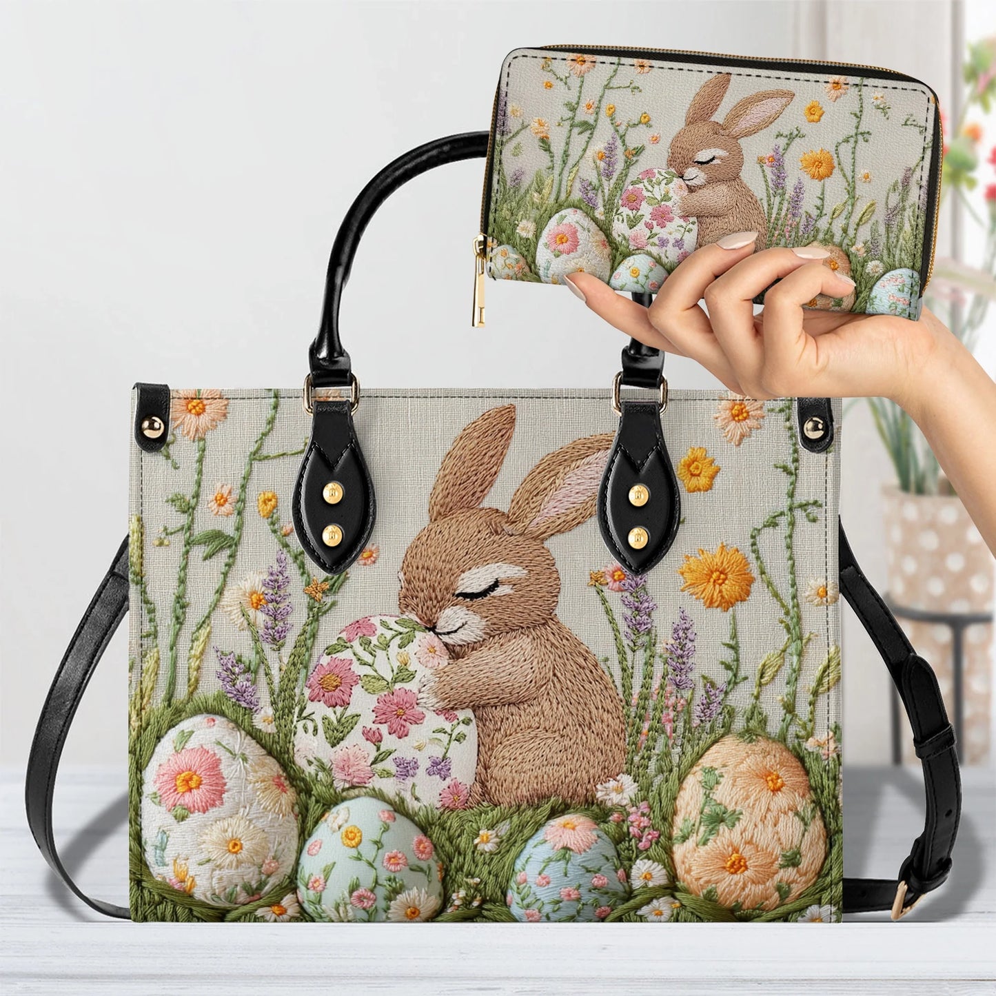 Shineful Leather Bag Hand-Embroidered Easter Bunny