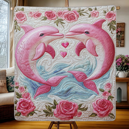 Shineful Flat Print Faux Quilt Blanket - Two Pink Dolphins in Love with Hearts and Roses