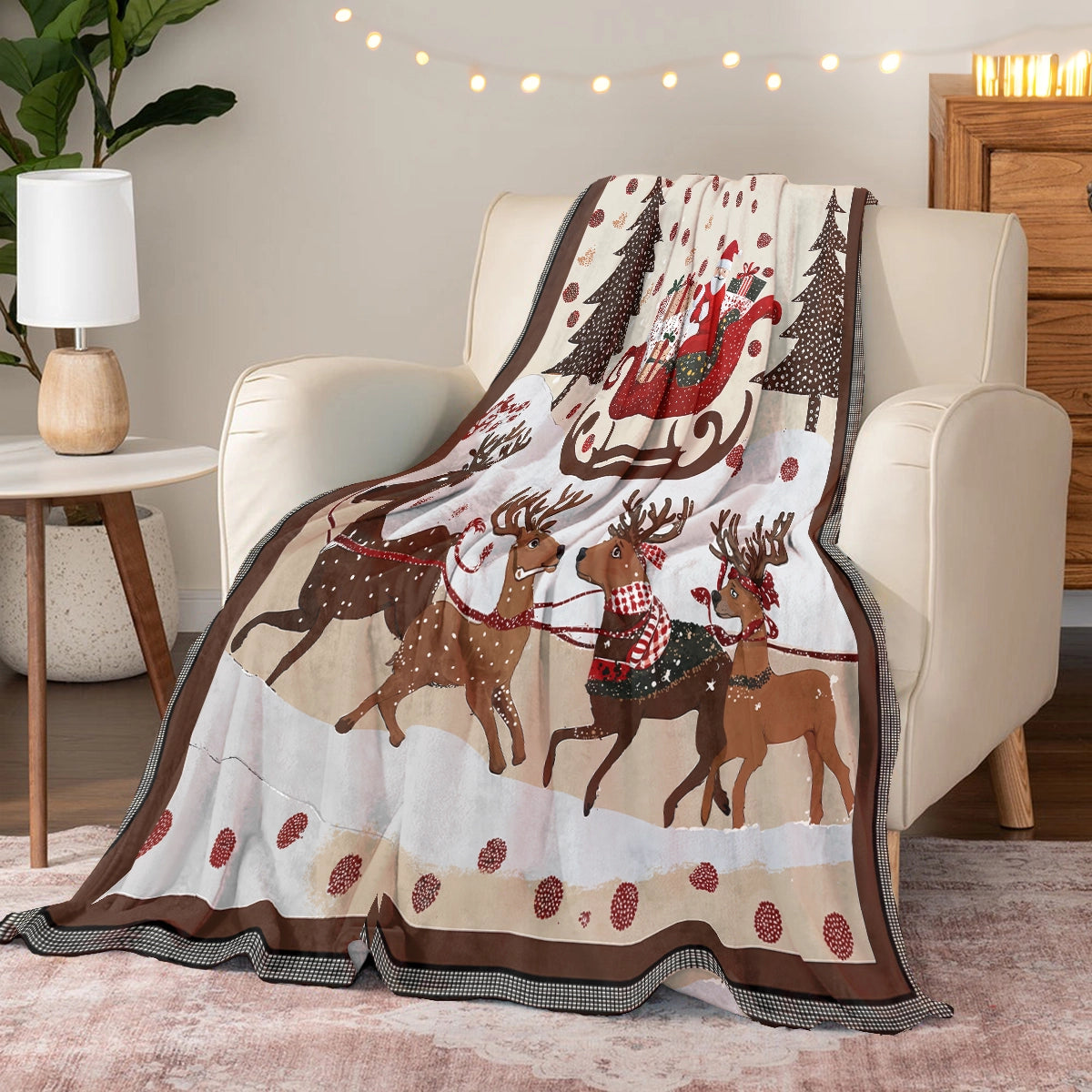 Shineful Fleece Blanket Cozy Santa Claus With Reindeer Pulling His Sleigh Full Of Gifts