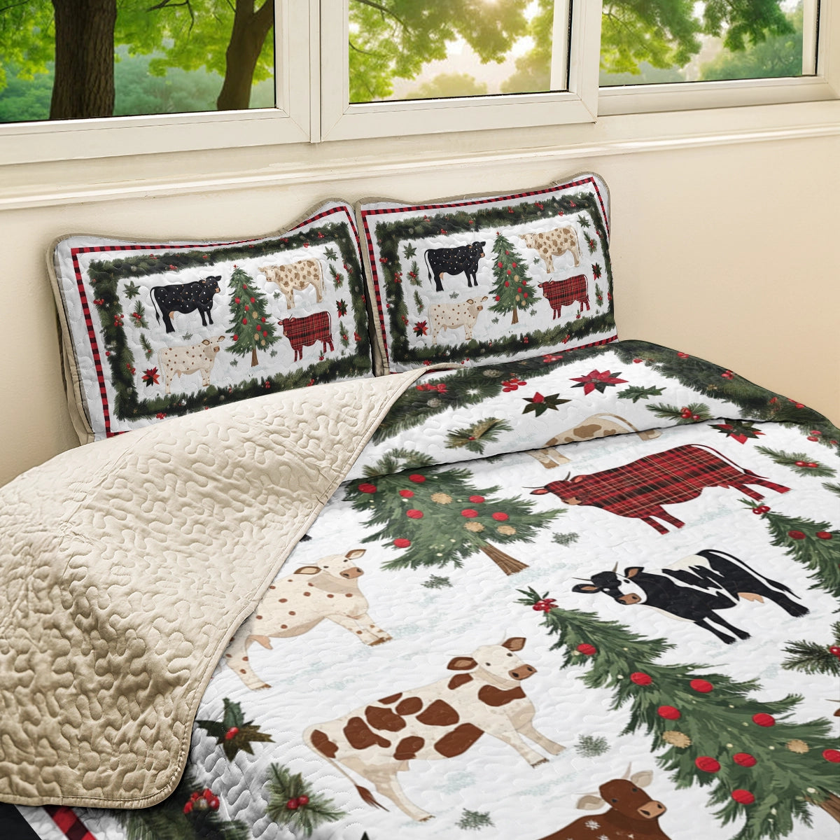 Shineful All Season Quilt 3-Piece Set Farmhouse Christmas Cow