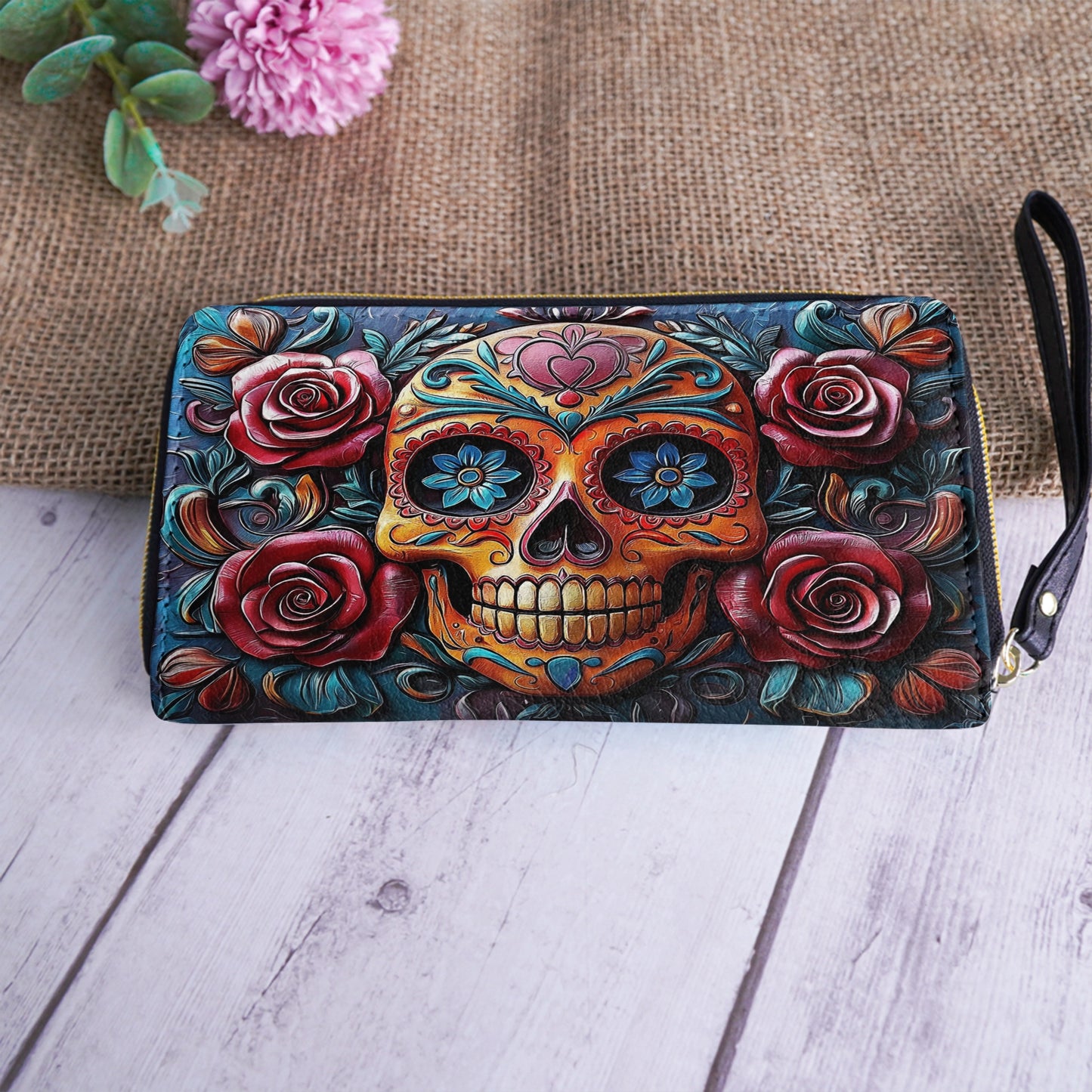 Shineful Leather Clutch Purse With Wristlet Strap Handle Vivid Skull and Roses