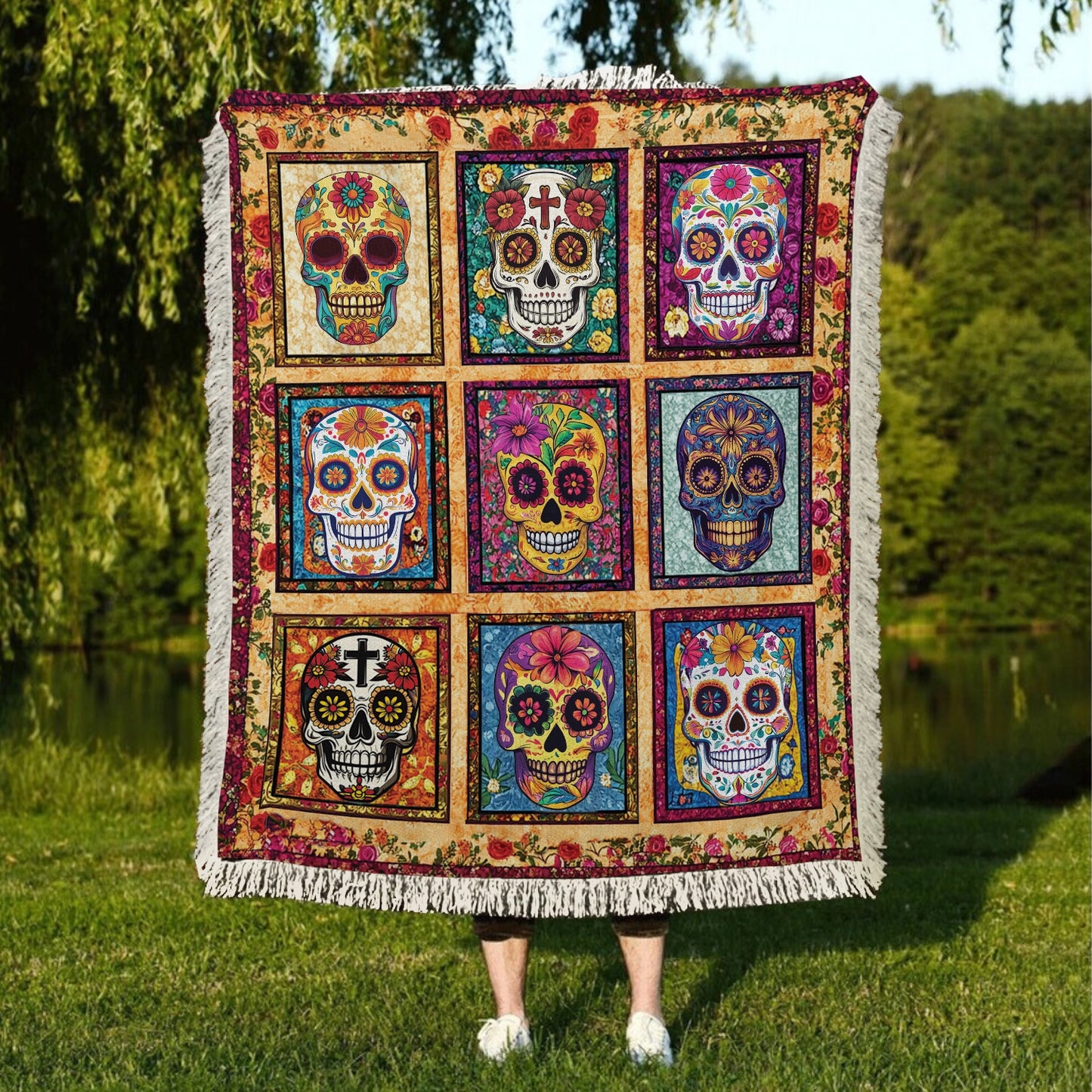 Shineful Woven Tapestry Throw Blanket Sugar Skull Fiesta