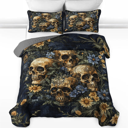 Shineful All Season Quilt 3-Piece Set - Golden Bloom Skull