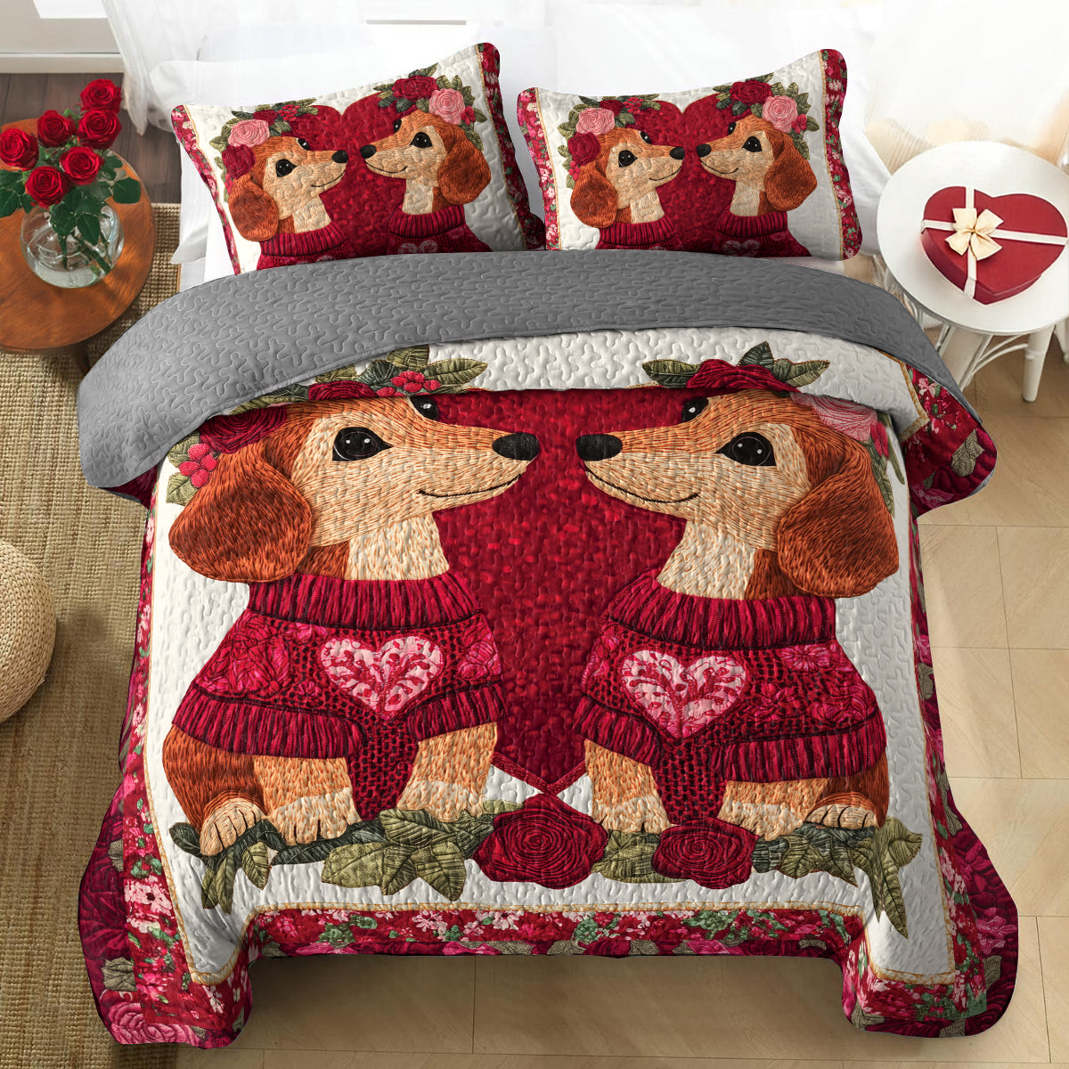 Shineful All Season Quilt 3-Piece Set Lovely Dachshund Couple