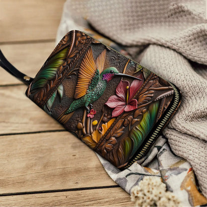 Shineful Leather Clutch Purse With Wristlet Strap Handle Embossed Hummingbird