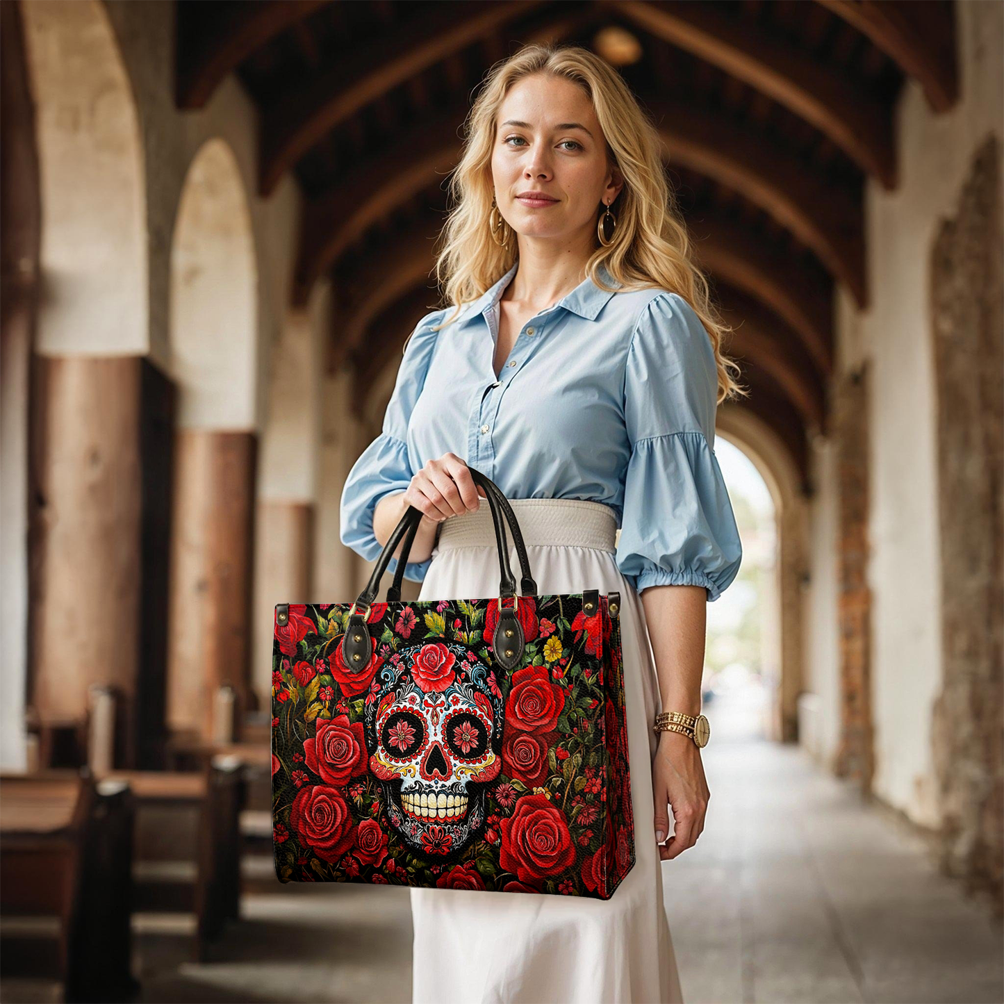 Shineful Leather Bag Roses & Sugar Skull Elegance