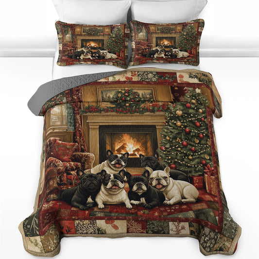 Ensemble de courtepointe toutes saisons Shineful 3 pièces - Frenchie Fireside Christmas