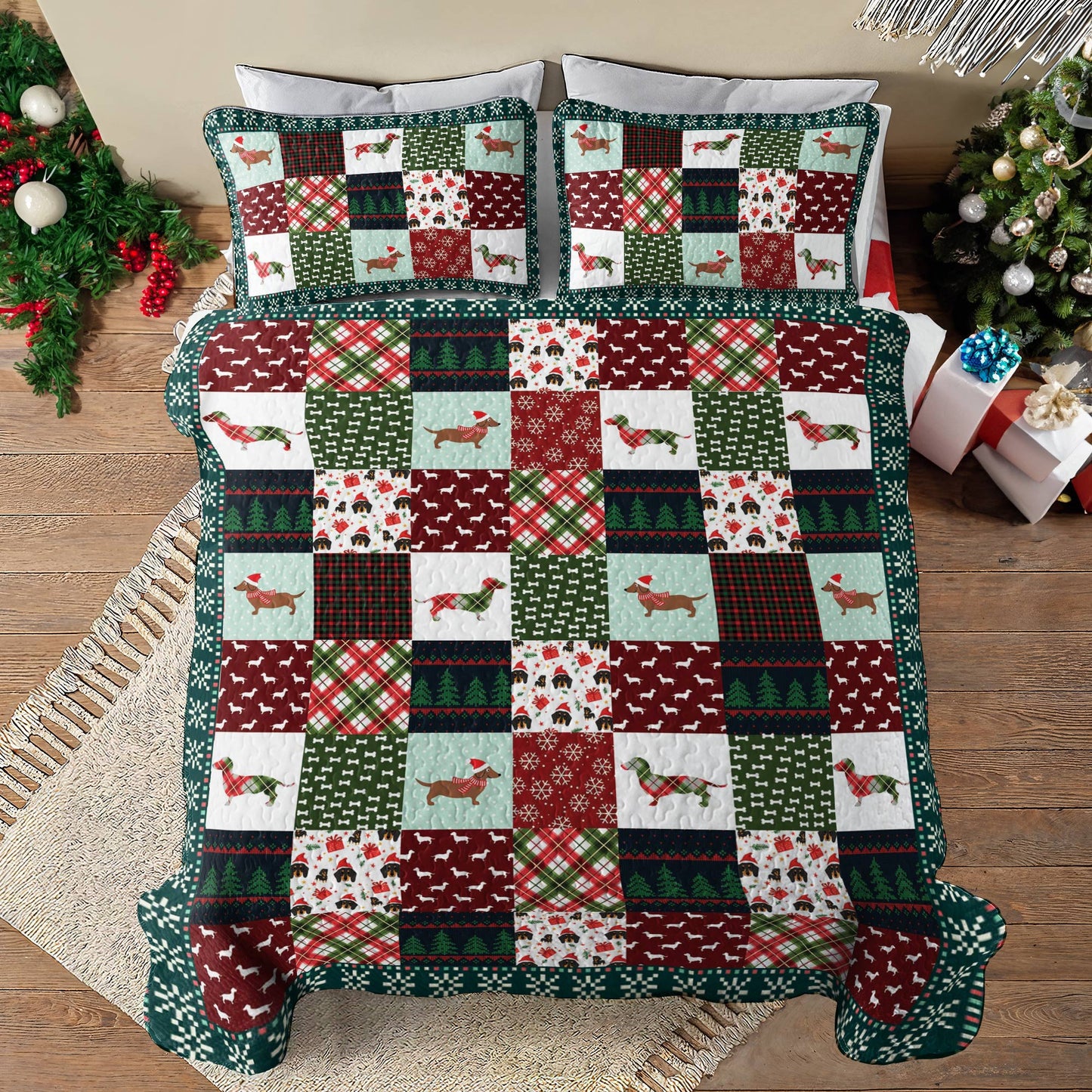 Shineful All Season Quilt 3-Piece Set Dachshund Christmas