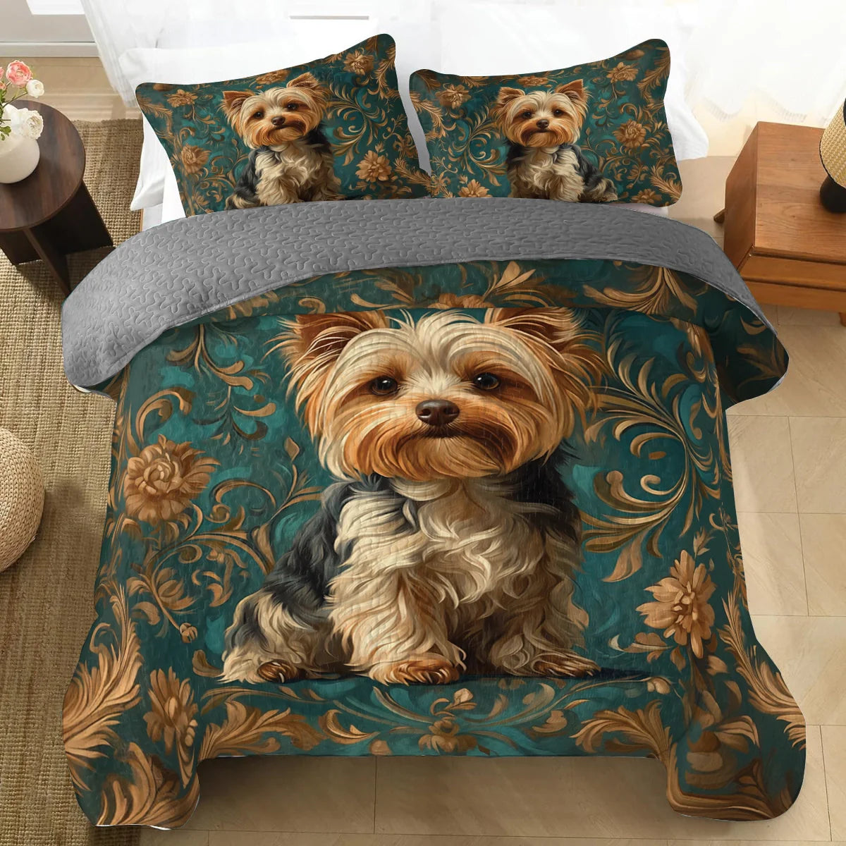 Shineful All Season Quilt 3-Piece Set Regal Yorkie Elegance