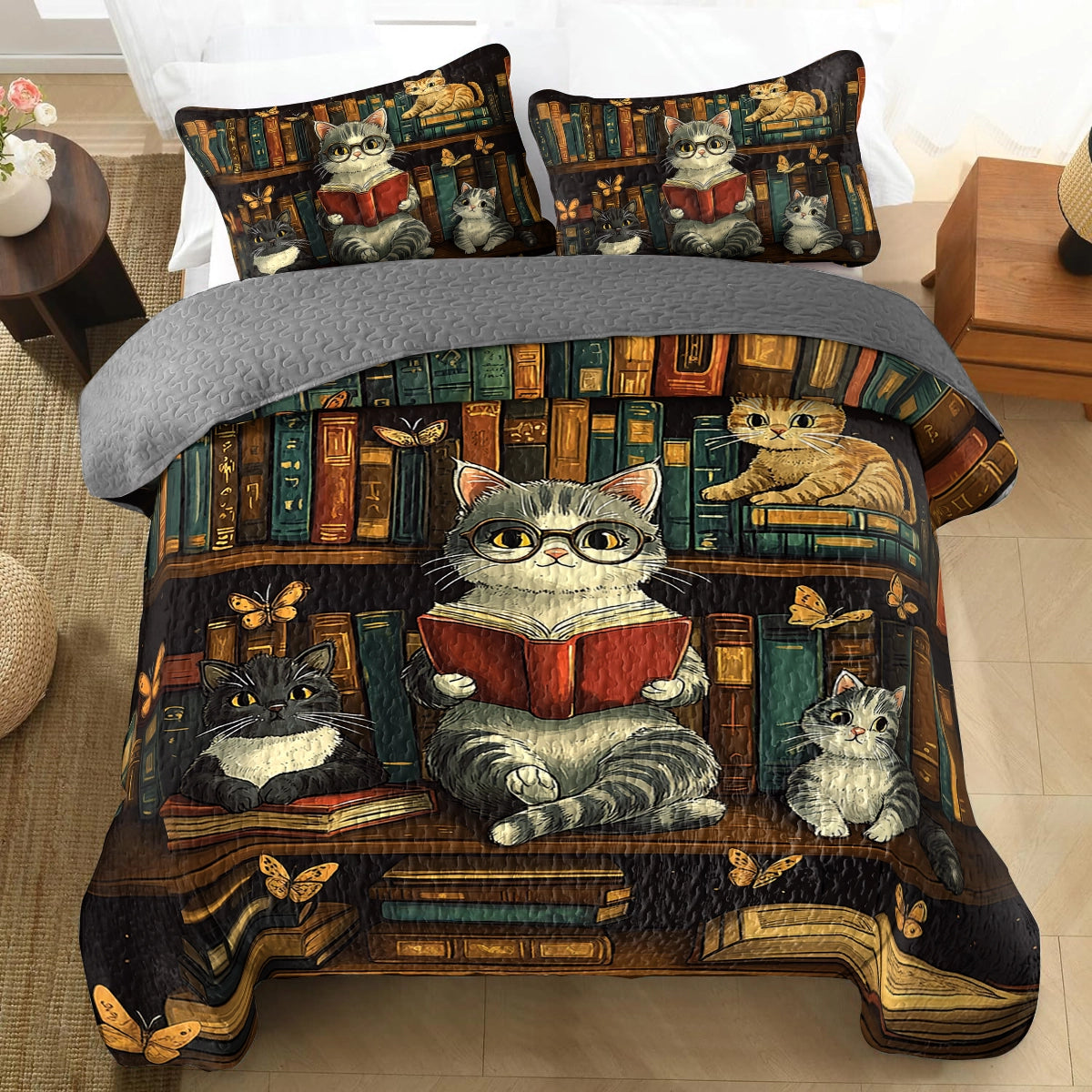 Ensemble de courtepointe toutes saisons Shineful 3 pièces - Bookworm's Purr-adise