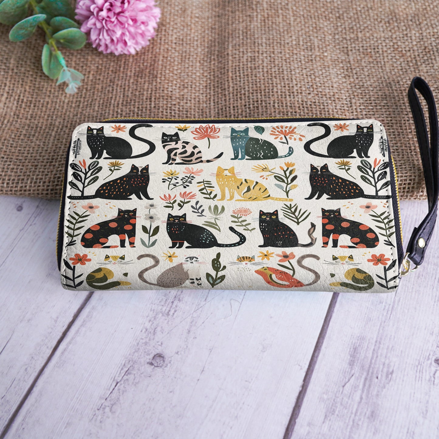 Shineful Leather Clutch Purse With Wristlet Strap Handle Botanical Cat Bliss