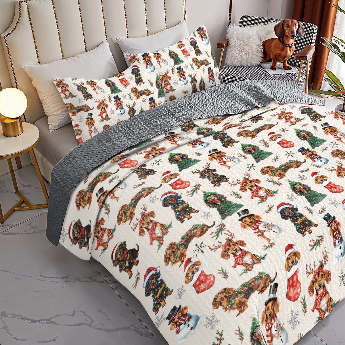 Shineful All Season Quilt 3-Piece Set - Dachshund Holiday Cheer