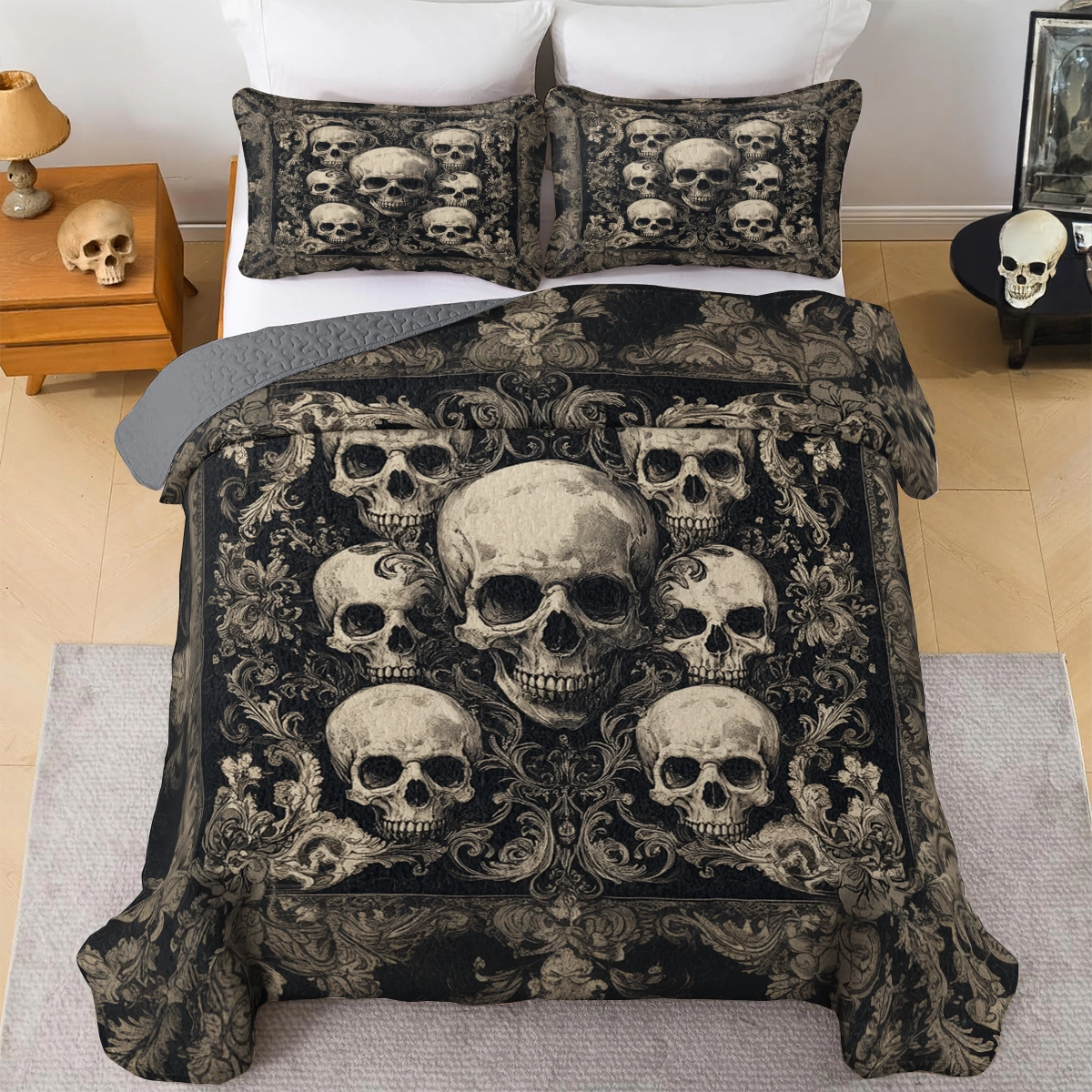 Shineful All Season Quilt 3-Piece Set - Gothic Skull Majesty