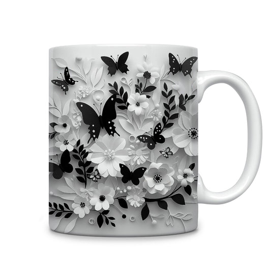 Tasse en céramique brillante Élégance monochrome : Papillon floral