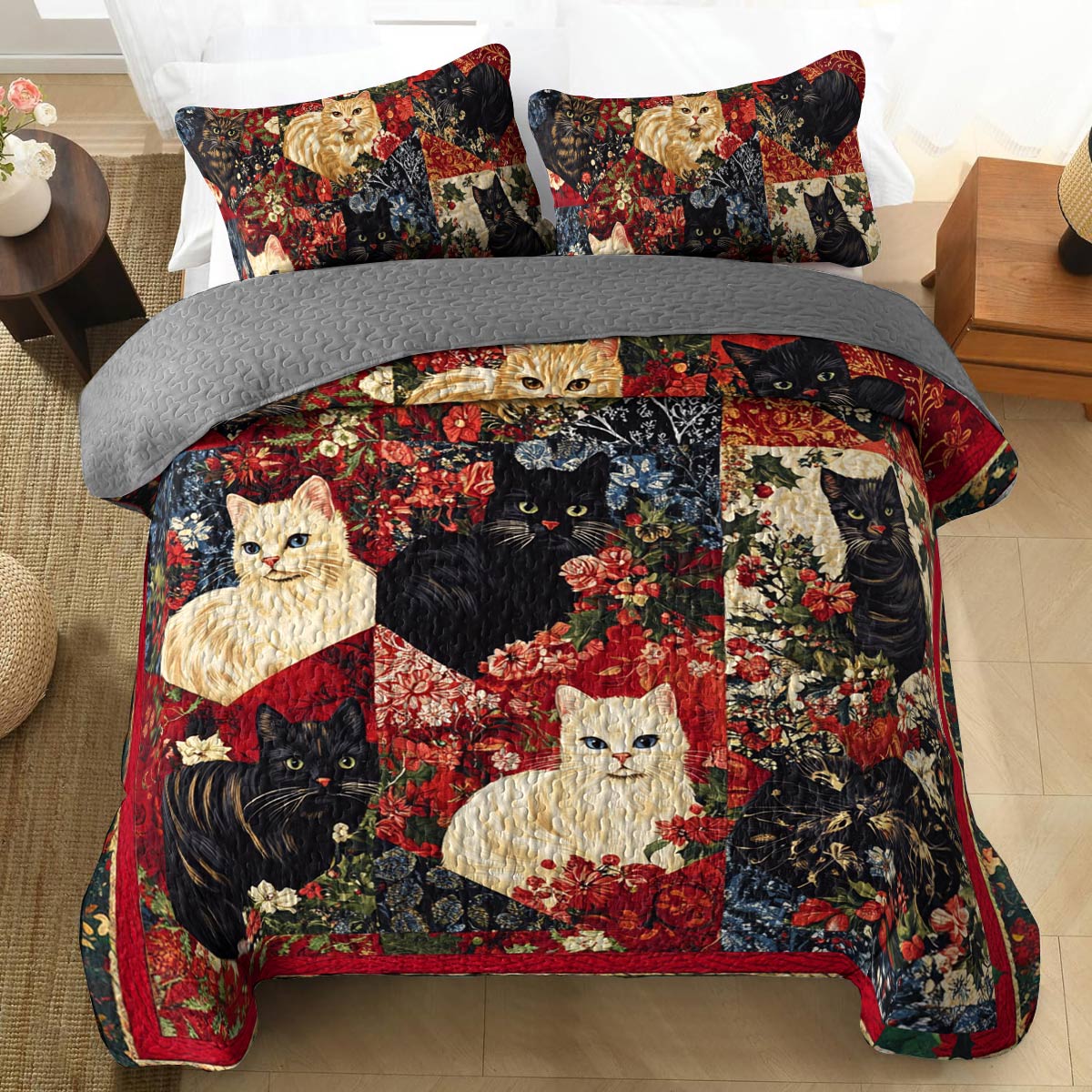 Ensemble de courtepointe toutes saisons Shineful 3 pièces à motifs de chats floraux vintage