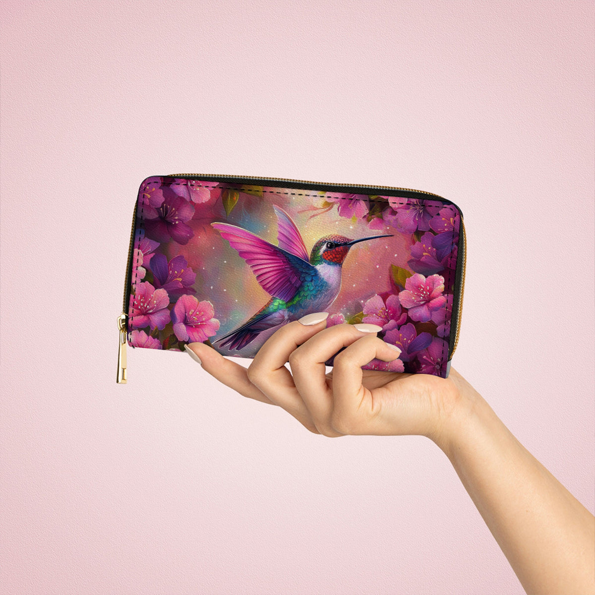 Pochette en cuir brillante avec dragonne et poignée Motif colibri en fleurs