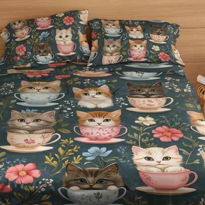 Shineful 4-Piece Bed Sheet Set Cups of Cat