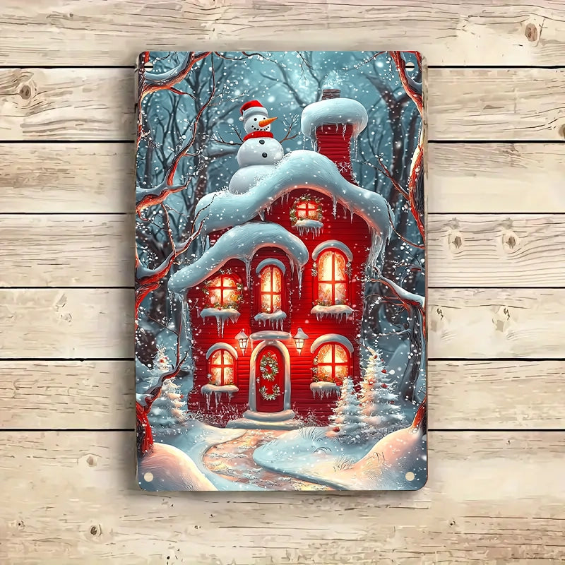 Panneau métallique 2D brillant Maison rouge enneigée de Noël