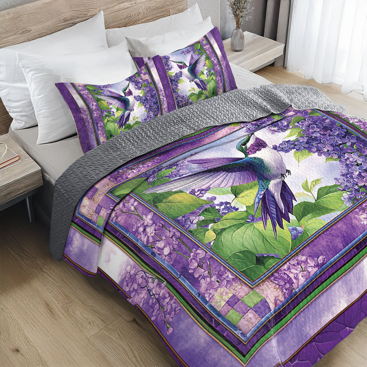 Shineful All Season Quilt 3-Piece Set - Lilac Flight: Hummingbird Quilt