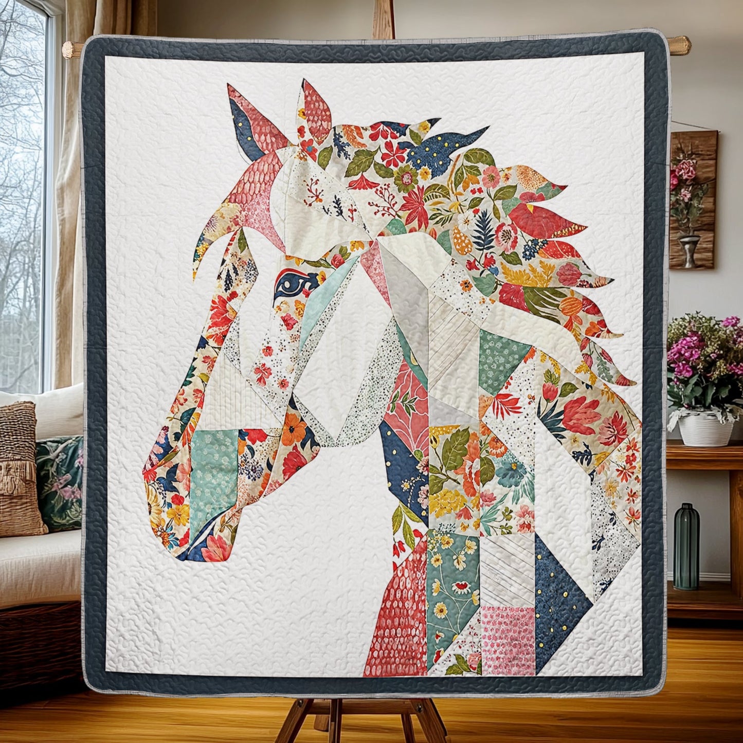 Shineful Flat Print Faux Quilt Blanket - Charming Floral Horse