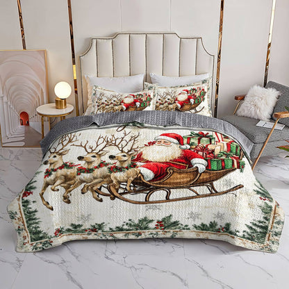 Shineful All Season Quilt 3-teiliges Set Ein Weihnachtsmann in seinem Schlitten mit sanften Rentieren