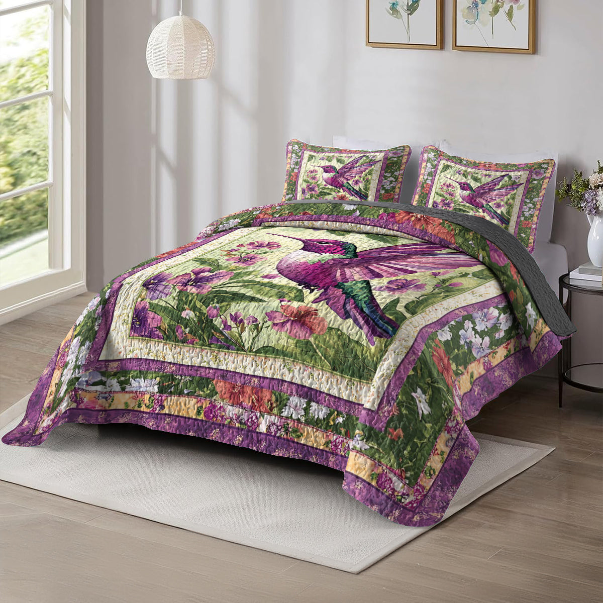 Shineful All Season Quilt 3-Piece Set Hummingbird Floral Flight