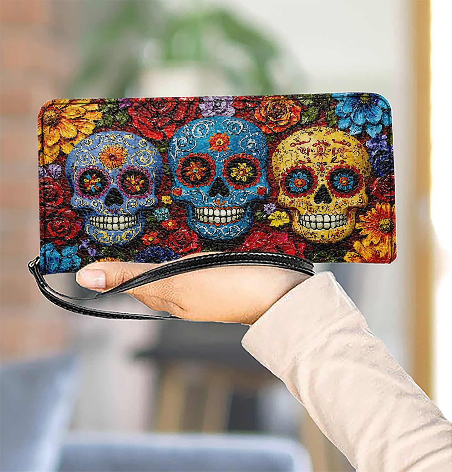 Shineful Leather Clutch Purse With Wristlet Strap Handle Floral Sugar Skull