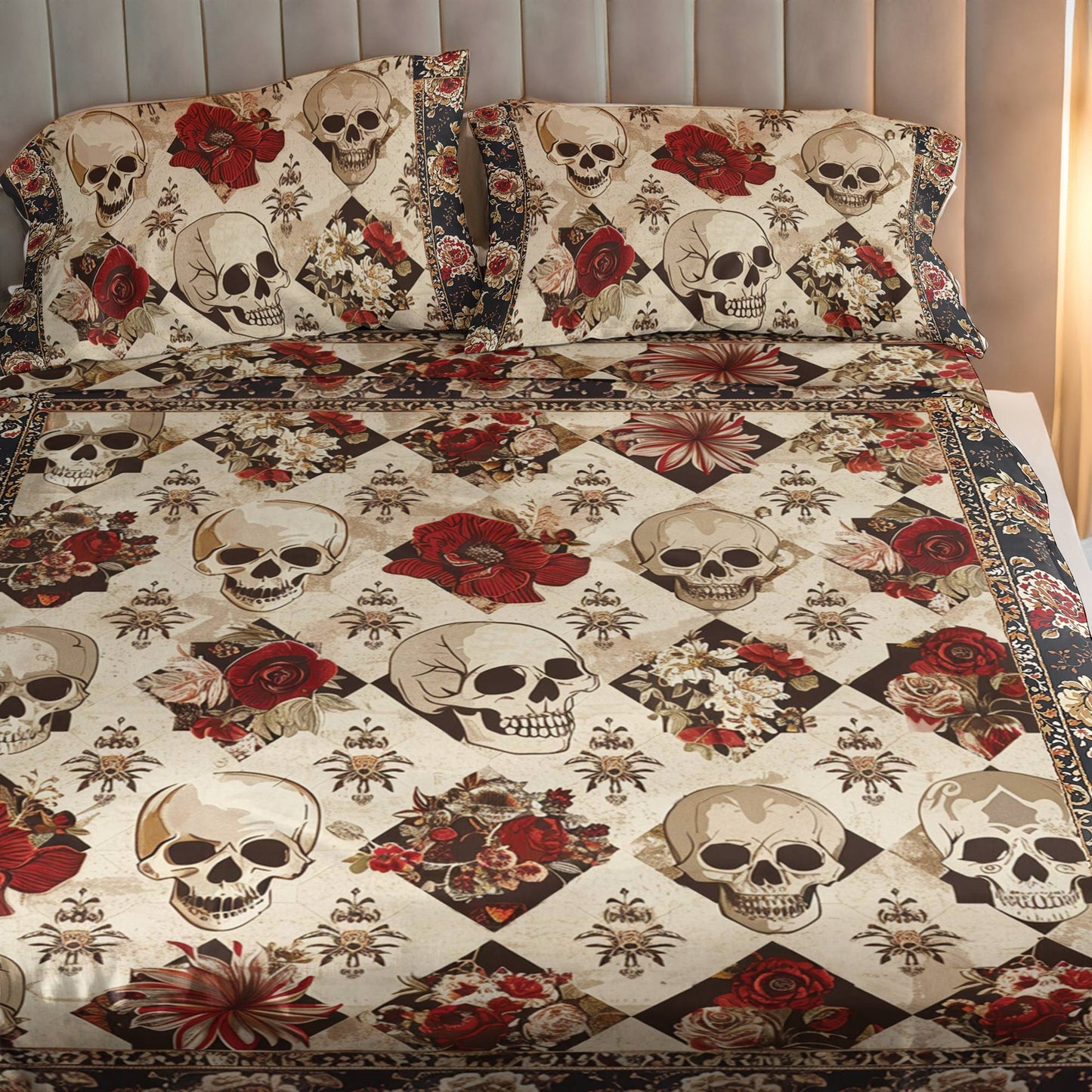 Shineful 4-Piece Bed Sheet Set Elegent Skull Roses