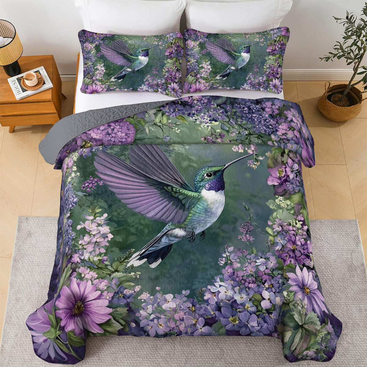 Shineful All Season Quilt 3-teiliges Set Kolibri im lila Wald