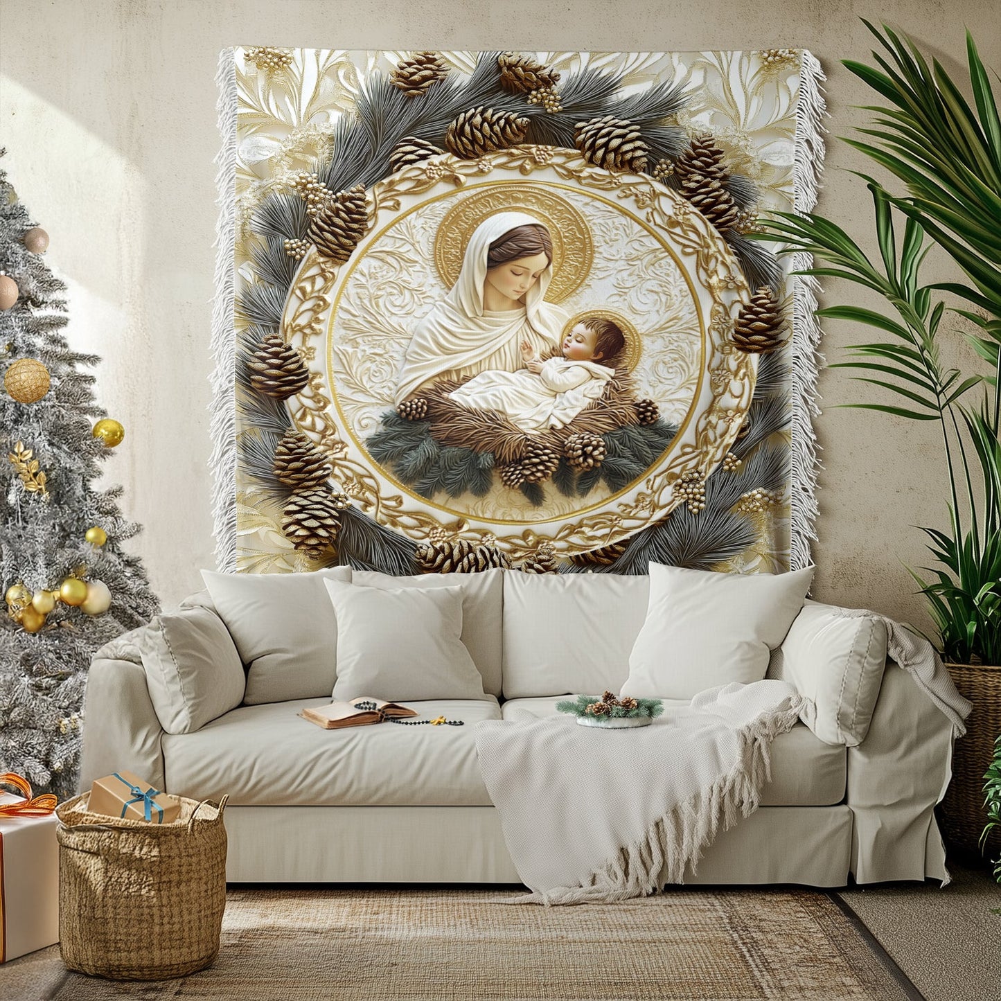 Shineful Woven Tapestry Throw Blanket - Mother’s Embrace Mary & Jesus