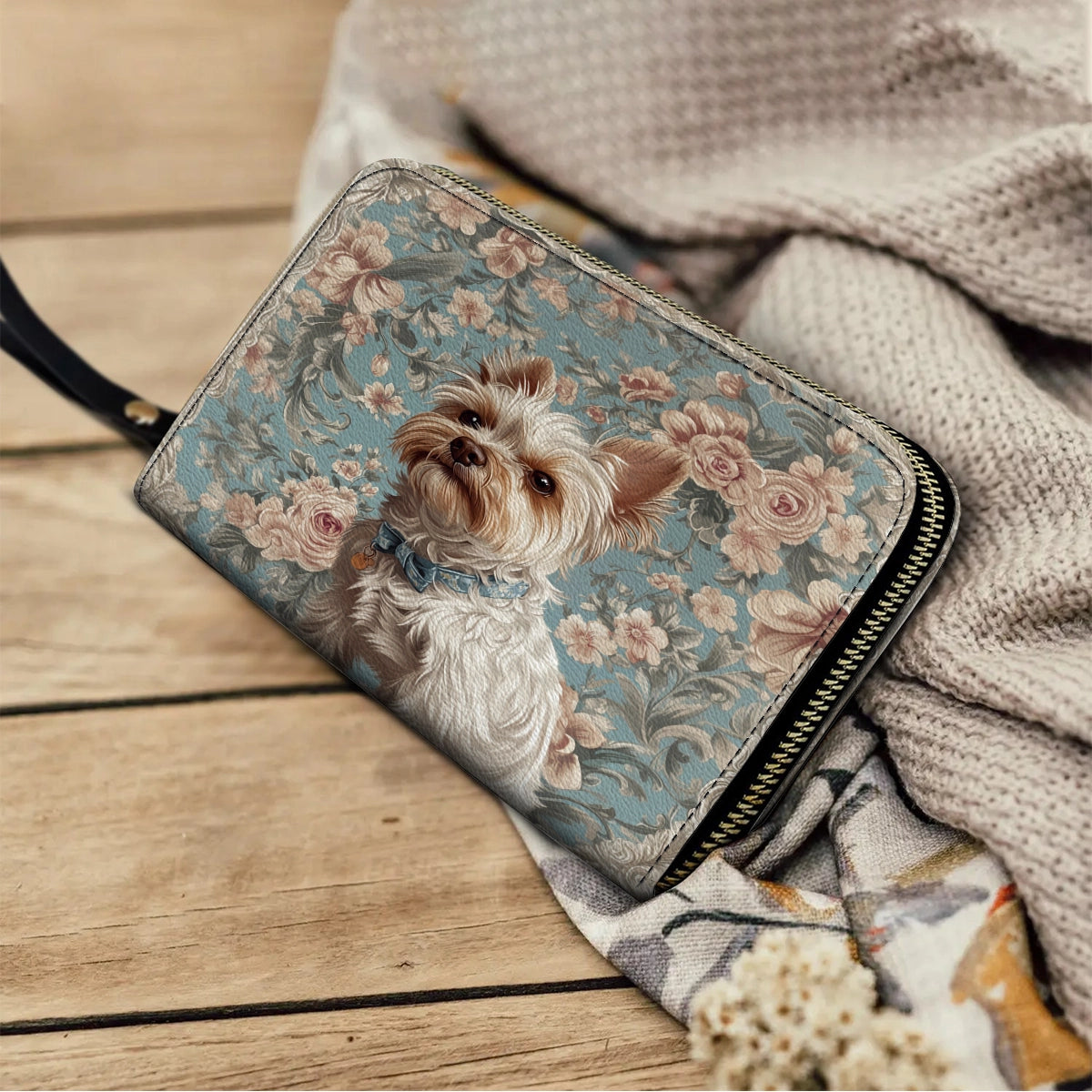 Shineful Leather Clutch Purse With Wristlet Strap Handle Yorkie Elegance